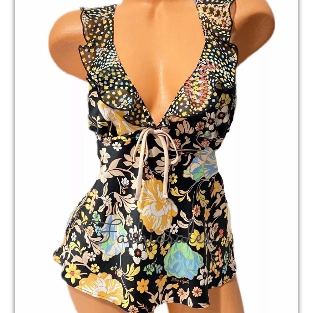 Victorias Secret Supersoft Silky Satin floral Ruffle Cami tank pajama top